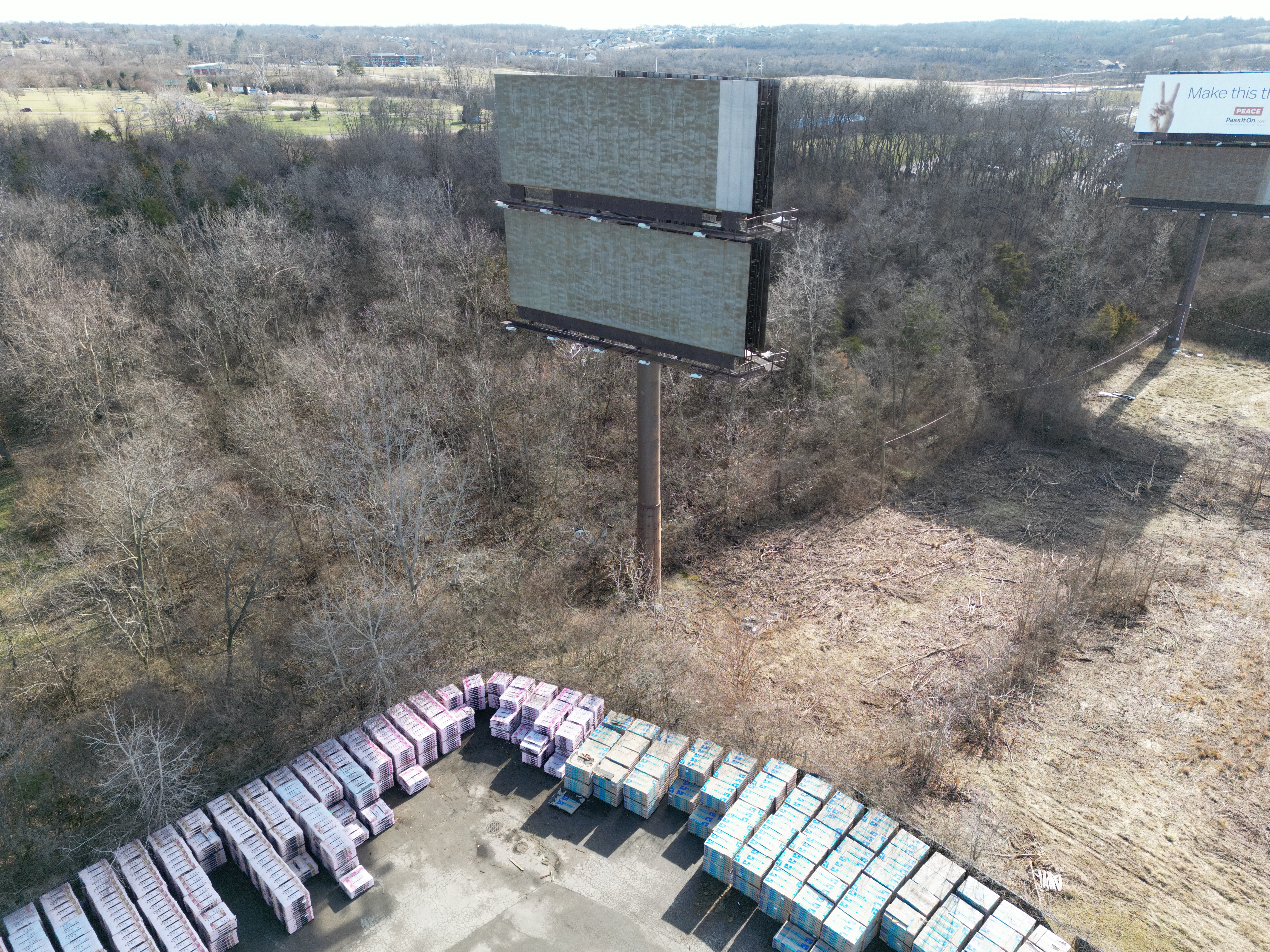 Wide aerial shot of property